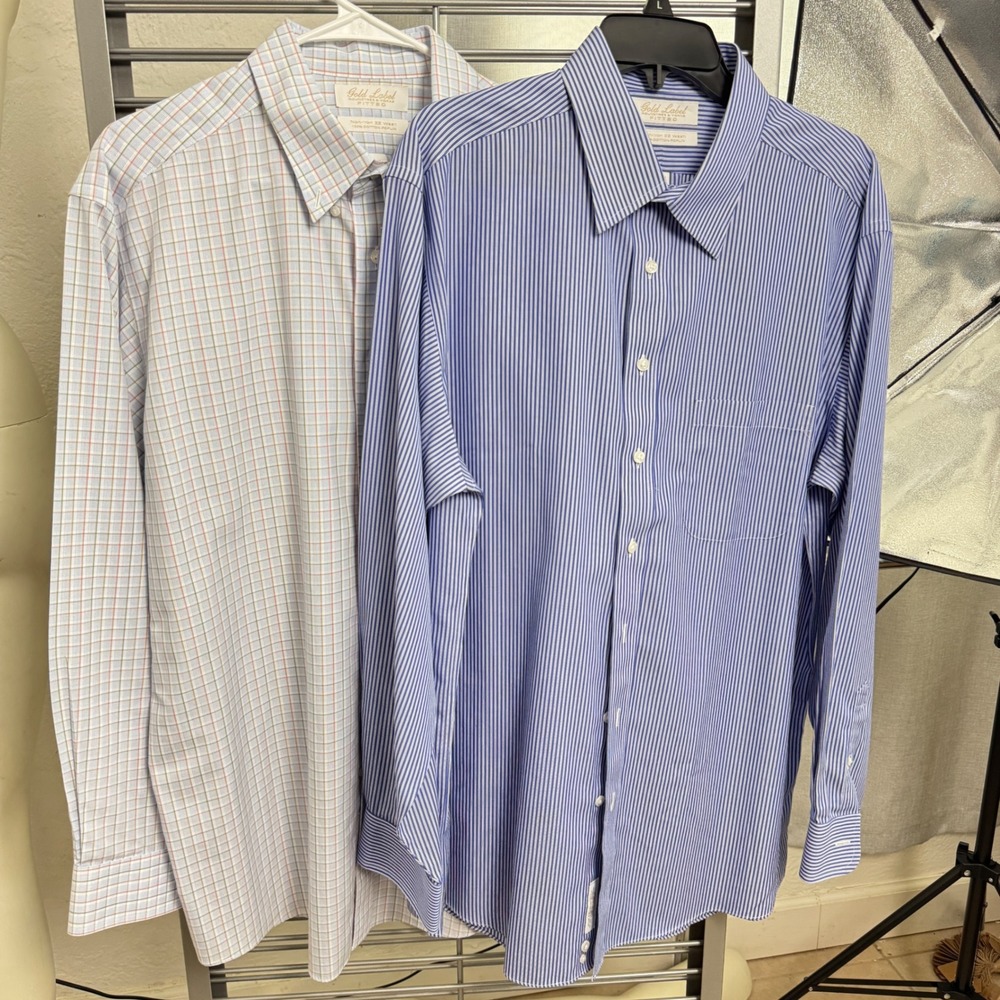 Lot of 2 Roundtree & Yorke Gold Label Dress Shirts 17 35 Fitted Non-Iron Cotton